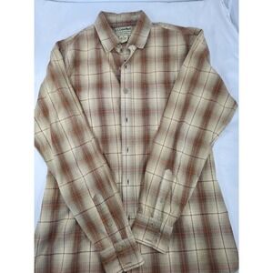 US Expedition Mens Plaid Button Down Shirt Tan Brown Orange Cotton Size M